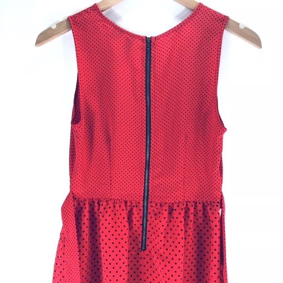Red Black Polka Dots Sleeveless Faux Wrap Dress - Picture 3 of 5